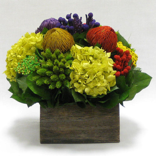Wooden Short Container Brown Stain - Multicolor w/ Banksia, Brunia, Pharalis & Hydrangea Basil..