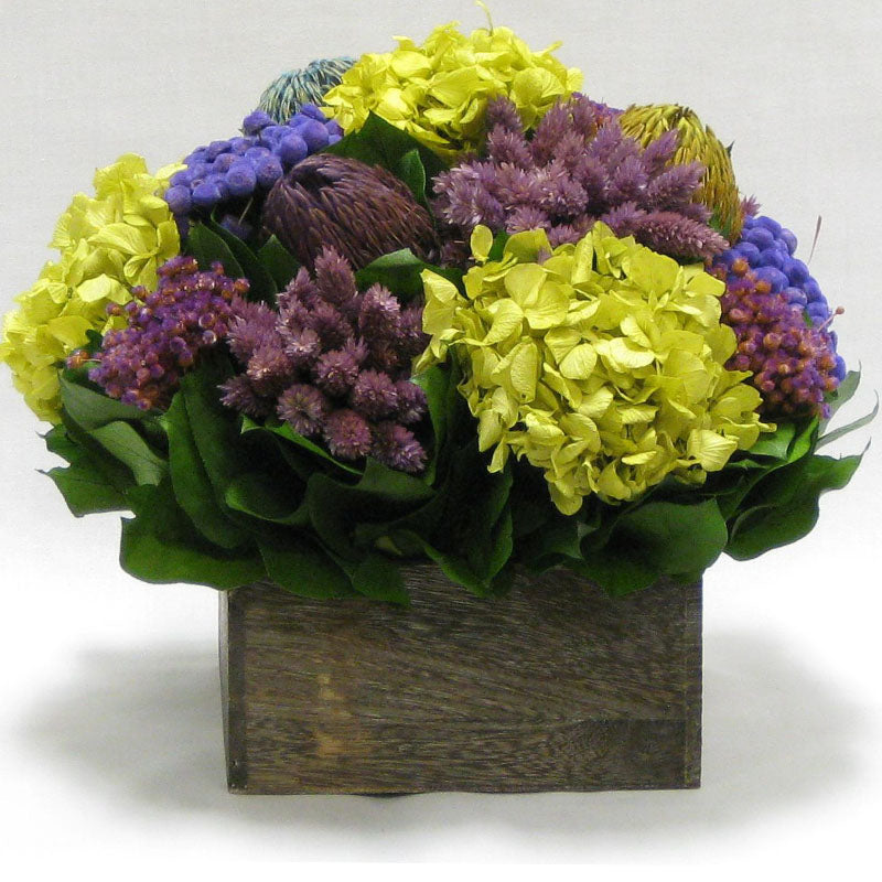 Wooden Short Container Brown Stain - Violet Multicolor w/ Banksia, Brunia, Pharalis & Hydrangea Basil..