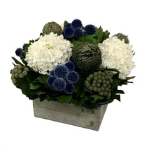 Load image into Gallery viewer, [WC73G-ECBHDW] Wooden Short Container Grey Stain - Echinops Dark Blue, Banksia Blue &amp; Hydrangea White