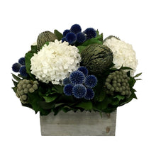 Load image into Gallery viewer, Wooden Short Container Grey Stain - Echinops Dark Blue, Banksia Blue &amp; Hydrangea White