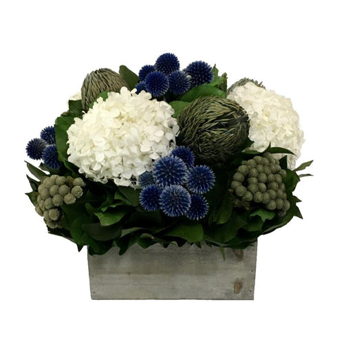 Wooden Short Container Grey Stain - Echinops Dark Blue, Banksia Blue & Hydrangea White