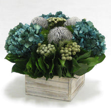 Load image into Gallery viewer, [WC73W-BKBRHDNB] Wooden Short Container Whitewash Stain - Banksia Gray, Brunia Natural &amp; Hydrangea Natural Blue