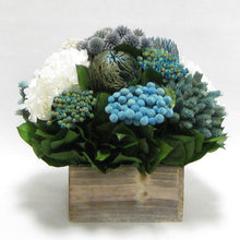 Load image into Gallery viewer, Wooden Short Container Whitewash Stain - Echinops w/ Banksia, Brunia, Pharalis &amp; Hydrangea White..