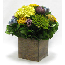 Load image into Gallery viewer, [WC7B-ECHDB] Wooden Cube Container Brown Stain  - Echinops w/ Banksia, Brunia, Pharalis &amp; Hydrangea Basil..
