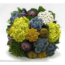 Load image into Gallery viewer, [WC7B-ECHDB] Wooden Cube Container Brown Stain  - Echinops w/ Banksia, Brunia, Pharalis &amp; Hydrangea Basil..
