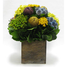 Load image into Gallery viewer, Wooden Cube Container Brown Stain  - Echinops w/ Banksia, Brunia, Pharalis &amp; Hydrangea Basil..