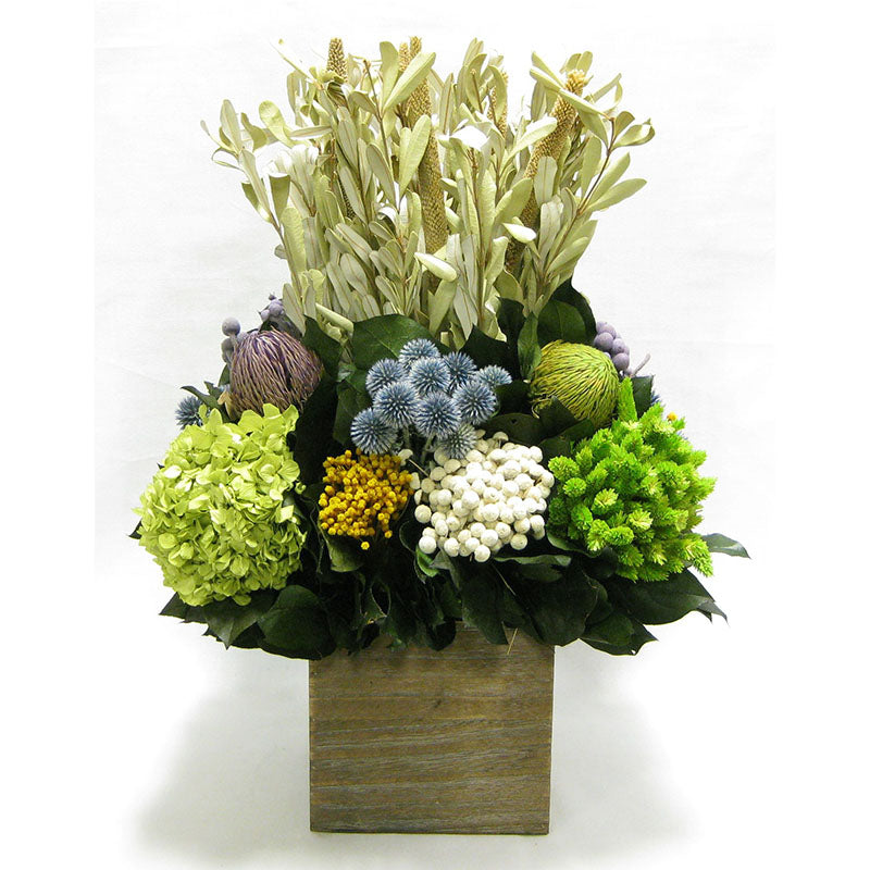 Wooden Cube Container Brown Stain - Integ, Echinops, Banksia, Brunia, Pharalis & Hydrangea Basil..
