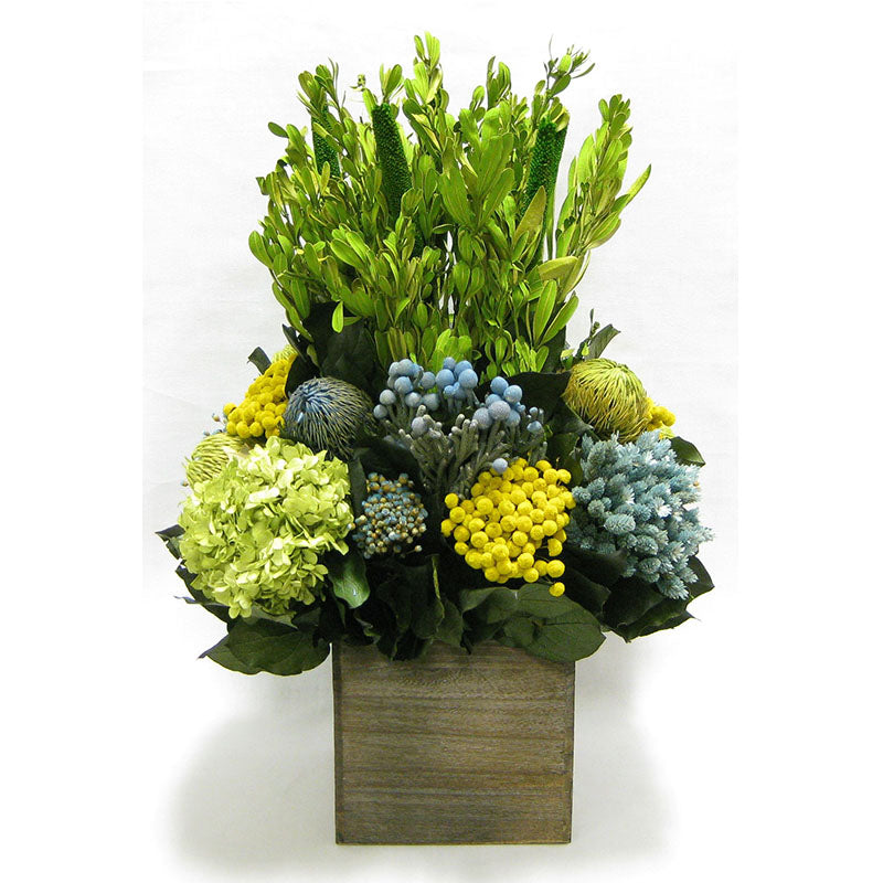 Wooden Cube Container Brown Stain - Integ Green w/ Blue/Yellow Multicolor Banksia, Brunia, Pharalis & Hydrangea Basil..
