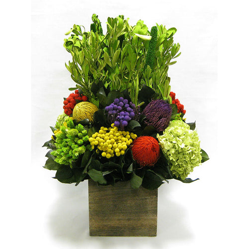 Wooden Cube Container Brown Stain - Integ Green w/ Multicolor Banksia, Brunia, Pharalis & Hydrangea Basil..