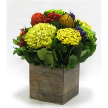 Load image into Gallery viewer, [WC7B-MLP6] Wooden Cube Container Brown Stain -  Multicolor w/ Banksia, Brunia, Pharalis &amp; Hydrangea Basil..

