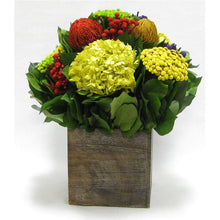 Load image into Gallery viewer, Wooden Cube Container Brown Stain -  Multicolor w/ Banksia, Brunia, Pharalis &amp; Hydrangea Basil..
