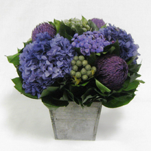 Load image into Gallery viewer, Wooden Flared Container Small - Banksia Purple, Brunia Natural &amp; Hydrangea Purple