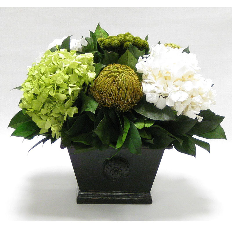 Wooden Mini Rect Container Antique Black - Brunia Yellow, Banksia Spring Green & Hydrangea Basil and White