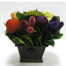 Load image into Gallery viewer, Wooden Mini Rect Container Antique Black - Banksia Red, Purple, Yellow, Teasil Burgundy, Purple &amp; Hydrangea Basil
