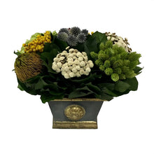 Load image into Gallery viewer, Wooden Mini Rect Container w/ Medallion Dark Blue Grey w/ Gold - Echinops w/Banksia, Brunia, Pharalis &amp; Hydrangea Basil