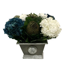 Load image into Gallery viewer, Wooden Mini Rect Container w/ Medallion Dark Grey w/ Silver - Roses White, Brunia Natural Brunia, Hydrangea Natural Blue &amp; White
