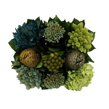 Load image into Gallery viewer, [WMRPM-GG-HDBHDNB] Wooden Mini Rect Container w/ Medallion Grey Green w/ Gold - Banksia, Pharalis &amp; Hydrangea Basil &amp; Natural Blue
