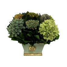 Load image into Gallery viewer, Wooden Mini Rect Container w/ Medallion Grey Green w/ Gold - Banksia, Pharalis &amp; Hydrangea Basil &amp; Natural Blue
