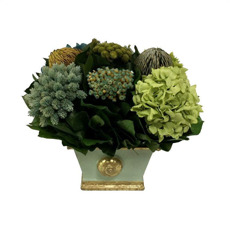 Wooden Mini Rect Container w/ Medallion Grey Green w/ Gold - Banksia, Pharalis & Hydrangea Basil & Natural Blue