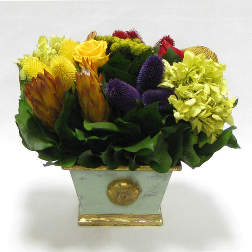 Wooden Mini Rect Container Grey Green - Multicolor w/Clover, Roses, Banksia, Protea & Hydrangea Basil