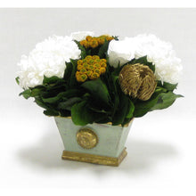 Load image into Gallery viewer, [WMRPM-GG-RBKGOHDW] Wooden Mini Rect Container Grey Green - Roses White, Banksia Gold, Brunia Gold &amp; Hydrangea White
