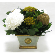 Load image into Gallery viewer, Wooden Mini Rect Container Grey Green - Roses White, Banksia Gold, Brunia Gold &amp; Hydrangea White