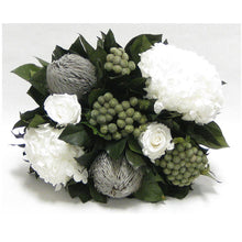 Load image into Gallery viewer, [WMRPM-GS-RBKBRHDW] Wooden Mini Rect Container Gray Silver - Roses White, Banksia Lt Gray, Brunia Nat &amp; Hydrangea White
