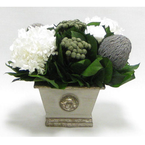 Wooden Mini Rect Container Gray Silver - Roses White, Banksia Lt Gray, Brunia Nat & Hydrangea White