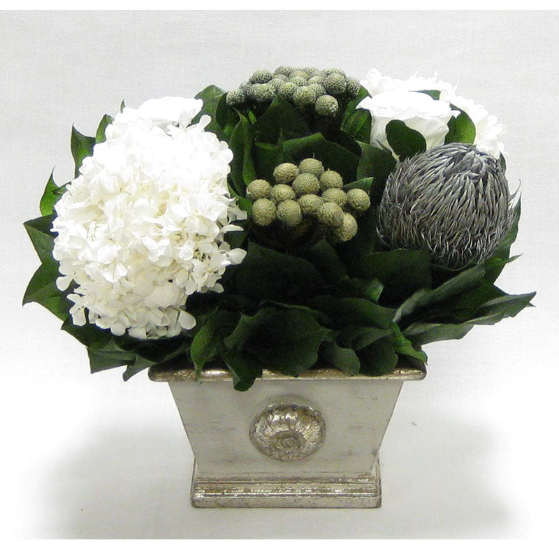 Wooden Mini Rect Container Gray Silver - Roses White, Banksia Silver, Brunia Natural & Hydrangea White