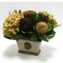 Load image into Gallery viewer, [WMRPM-PD-MLBNI] Wooden Mini Rect Container w/ Medallion - Patina Distressed w/ Bronze - Multi Brown and Hydrangea Ivory
