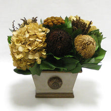 Load image into Gallery viewer, Wooden Mini Rect Container w/ Medallion - Patina Distressed w/ Bronze - Multi Brown and Hydrangea Ivory