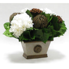 Load image into Gallery viewer, [WMRPM-PD-RBKBZHDW] Small Wooden Rect w/Medallion Container Patina Distressed w/Bronze - Roses White, Banksia Bronze, Brunia Brown &amp; Hydrangea