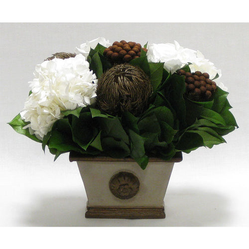 Small Wooden Rect w/Medallion Container Patina Distressed w/Bronze - Roses White, Banksia Bronze, Brunia Brown & Hydrangea