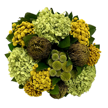 Load image into Gallery viewer, [WMSP-GG-ECCHDB] Wooden Mini Square Container Gray/Green - Echinops, Buttons Chartreuse &amp; Hydrangea Yellow Basil