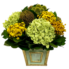 Load image into Gallery viewer, Wooden Mini Square Container Gray/Green - Echinops, Buttons Chartreuse &amp; Hydrangea Yellow Basil
