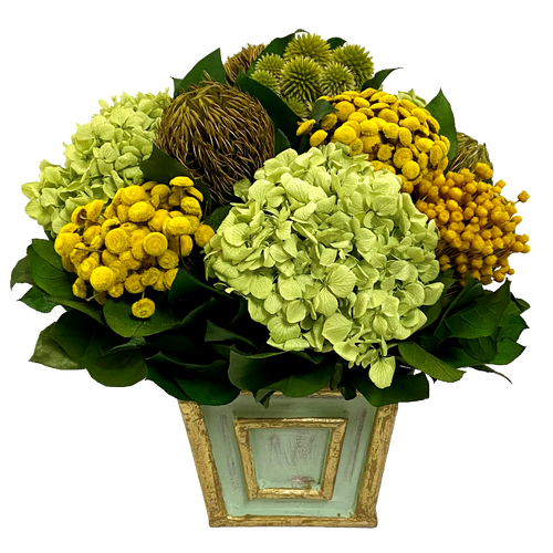 Wooden Mini Square Container Gray/Green - Echinops, Buttons Chartreuse & Hydrangea Yellow Basil