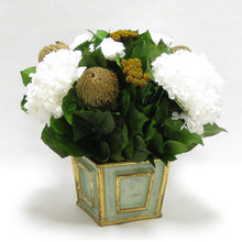 Load image into Gallery viewer, [WMSP-GG-RBKGOHDW] Wooden Mini Square Container Gray/Green - Roses White, Banksia Gold, Brunia Gold &amp; Hydrangea White