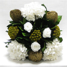 Load image into Gallery viewer, [WMSP-GG-RBKGOHDW] Wooden Mini Square Container Gray/Green - Roses White, Banksia Gold, Brunia Gold &amp; Hydrangea White
