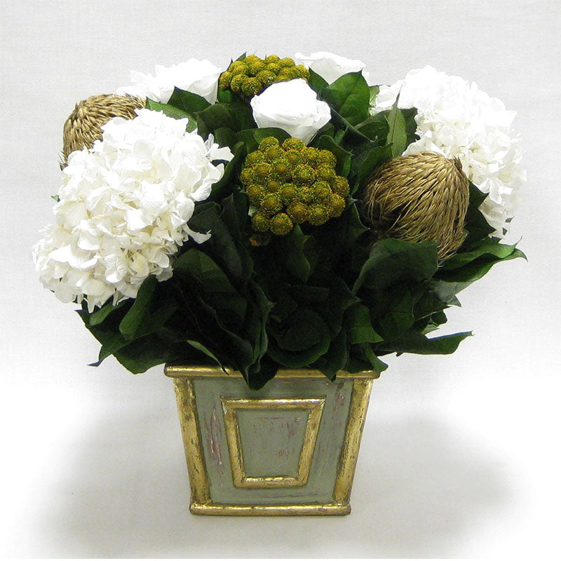 Wooden Mini Square Container Gray/Green - Roses White, Banksia Gold, Brunia Gold & Hydrangea White