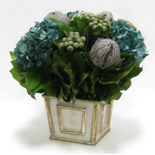 Load image into Gallery viewer, [WMSP-GS-BKBRHDNB] Wooden Mini Square Container Antique Silver - Banksia Lt Grey, Brunia Nat &amp; Hydrangea Natural Blue