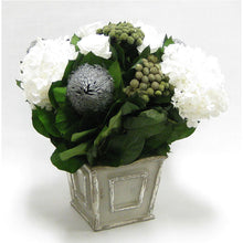 Load image into Gallery viewer, [WMSP-GS-RBKSIHDW] Wooden Mini Square Container - Antique Gray w/ Silver - Roses White, Banksia Silver, Brunia Natural &amp; Hydrangea White
