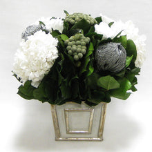 Load image into Gallery viewer, Wooden Mini Square Container - Antique Gray w/ Silver - Roses White, Banksia Silver, Brunia Natural &amp; Hydrangea White
