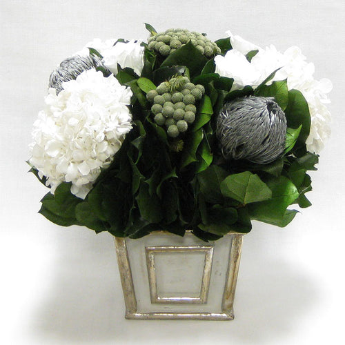 Wooden Mini Square Container - Antique Gray w/ Silver - Roses White, Banksia Silver, Brunia Natural & Hydrangea White