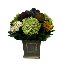 Load image into Gallery viewer, Wooden Mini Square Container w/ Inset Dark Blue Grey w/ Gold - Echinops w/Banksia, Brunia, Pharalis &amp; Hydrangea Basil
