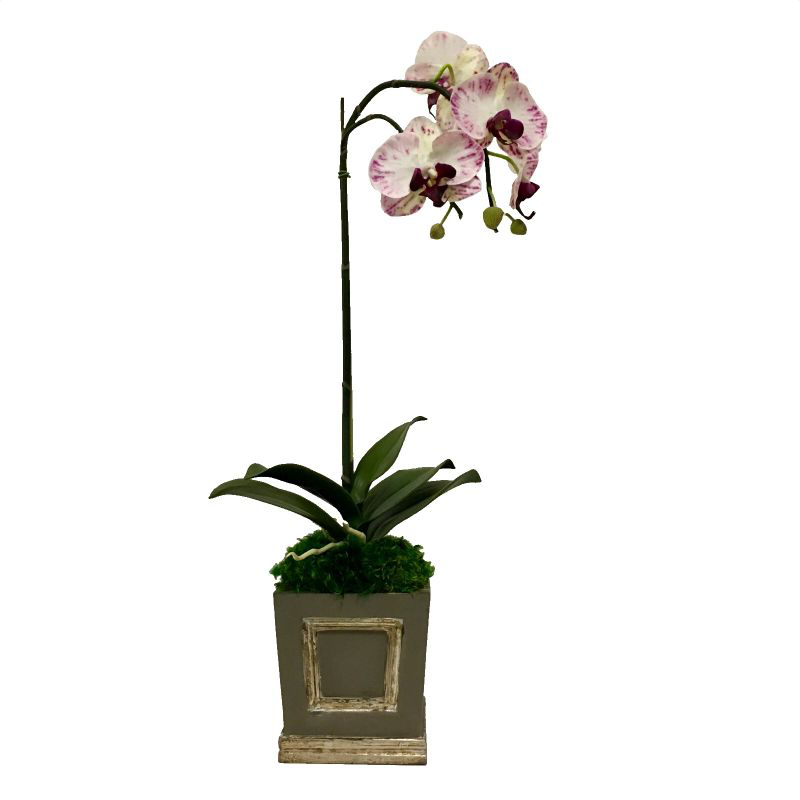 Wooden Mini Square Container Dark Grey & Silver - White & Purple Orchid Artificial