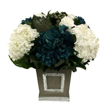 Load image into Gallery viewer, Wooden Mini Square Container w/ Inset Dark Grey w/ Silver - White, Brunia Natural Brunia, Hydrangea Natural Blue &amp; White
