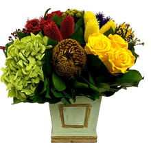 Load image into Gallery viewer, Wooden Mini Square Planter w/Inset Gray/Green - Multicolor w/Clover, Roses, Banksia, Protea &amp; Hydrangea Basil
