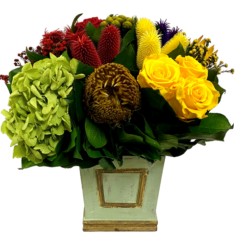 Wooden Mini Square Planter w/Inset Gray/Green - Multicolor w/Clover, Roses, Banksia, Protea & Hydrangea Basil