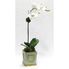 Load image into Gallery viewer, Wooden Small Square Container w/Inset Gray/Green - White &amp; Green Two Spike Orchid Artificial