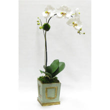Load image into Gallery viewer, Wooden Small Square Container w/Inset Grey Green - White &amp; Green Orchid Artificial